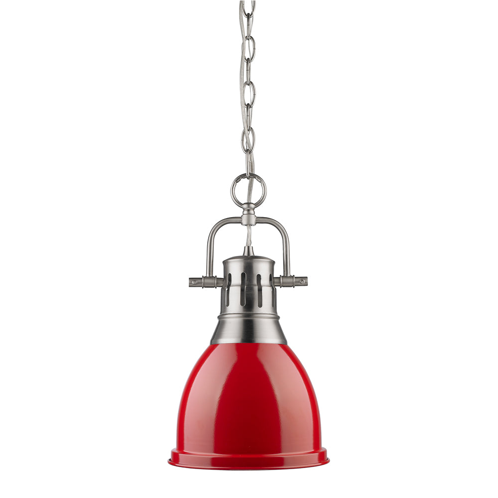 Duncan Small Pendant with Chain in Pewter with a Red Shade